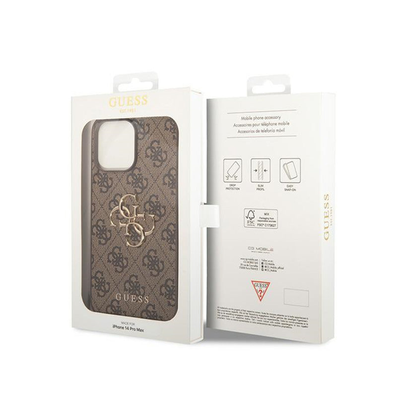 Guess 4G Didelis Metalinis Logotipas – dėklas, skirtas „iPhone 15 Pro“ (ruda)