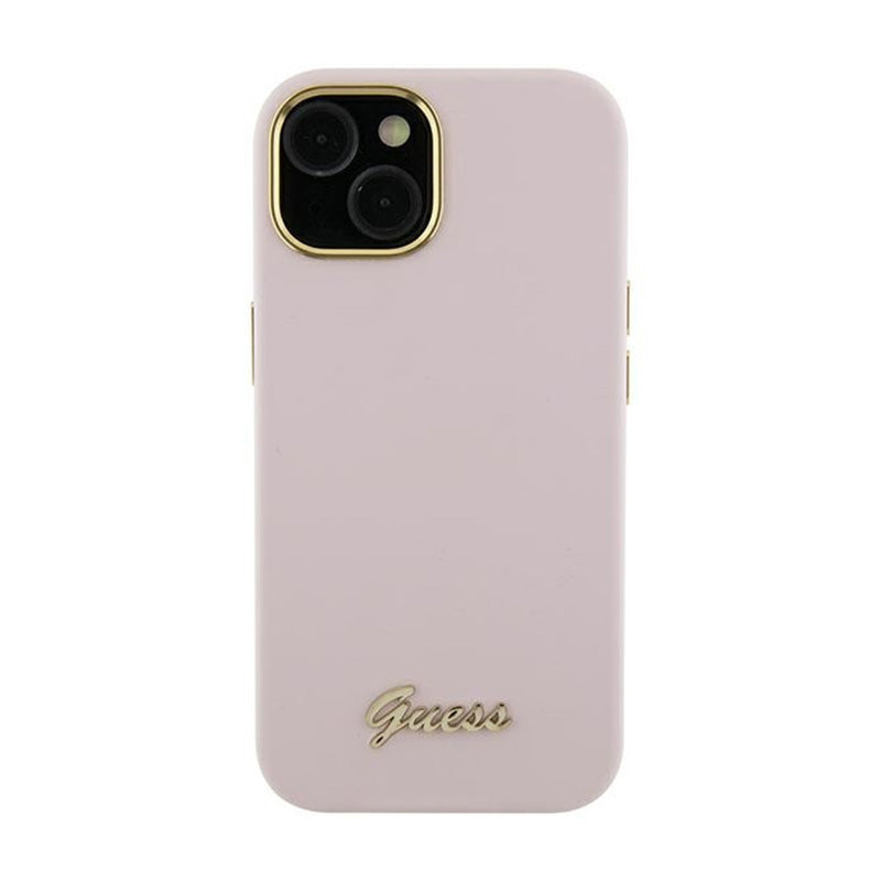 Guess Silicone Script Metal Logo & Frame – iPhone 15 Pro Max dėklas (rožinis)