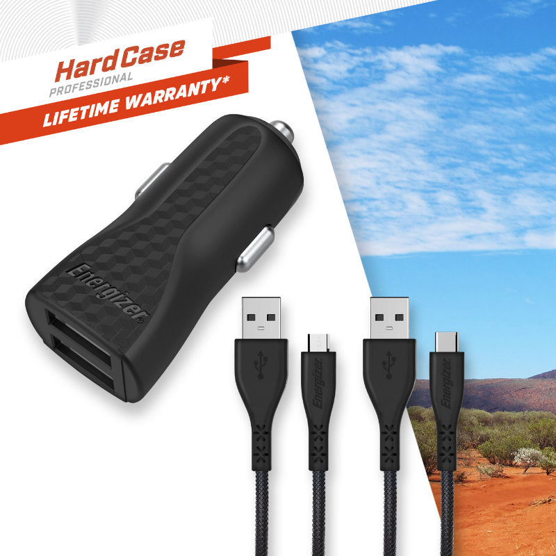 Energizer HardCase – automobilinis įkroviklis 2x USB-A 2.4A + USB-C ir „Micro USB“ laidas (juodas)