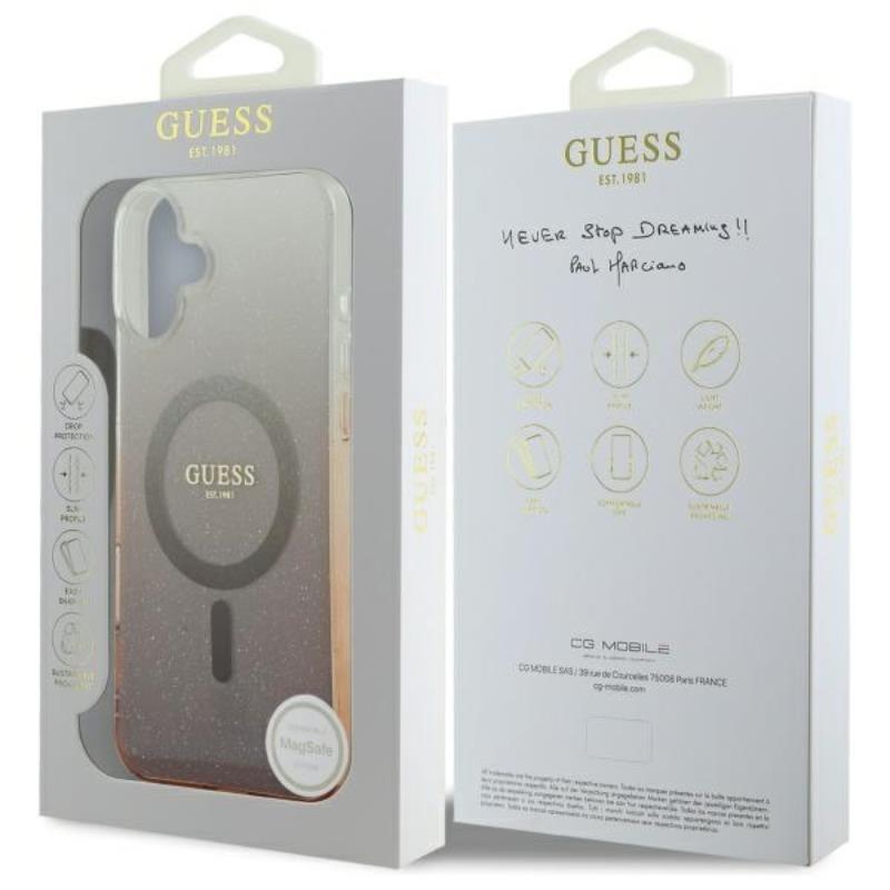 Guess IML Glitter Gradient MagSafe – Dėklas iPhone 16 (rudos spalvos)