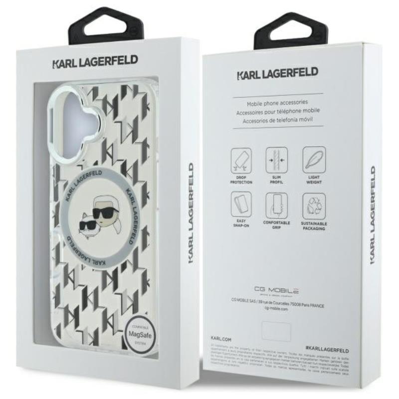Karl Lagerfeld IML Monogram Karl & Choupette Head MagSafe – dėklas, skirtas iPhone 16 (skaidrus)
