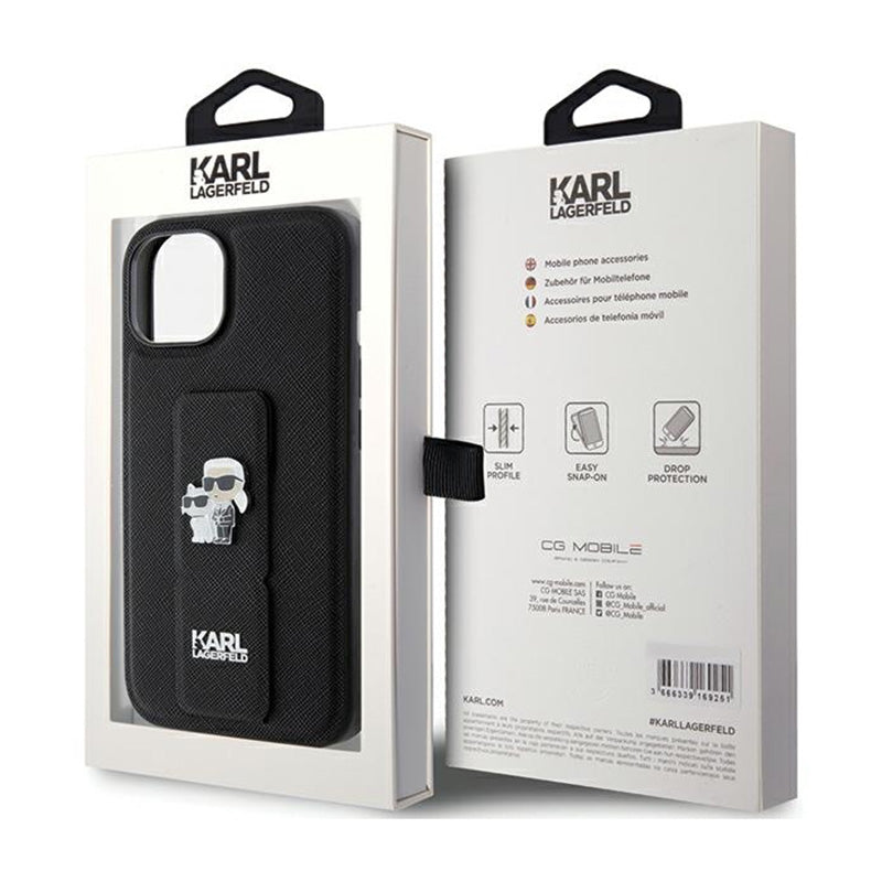 Karl Lagerfeld Gripstand Saffiano Karl & Choupette Pins – „iPhone 15 Plus“ dėklas (juodas)