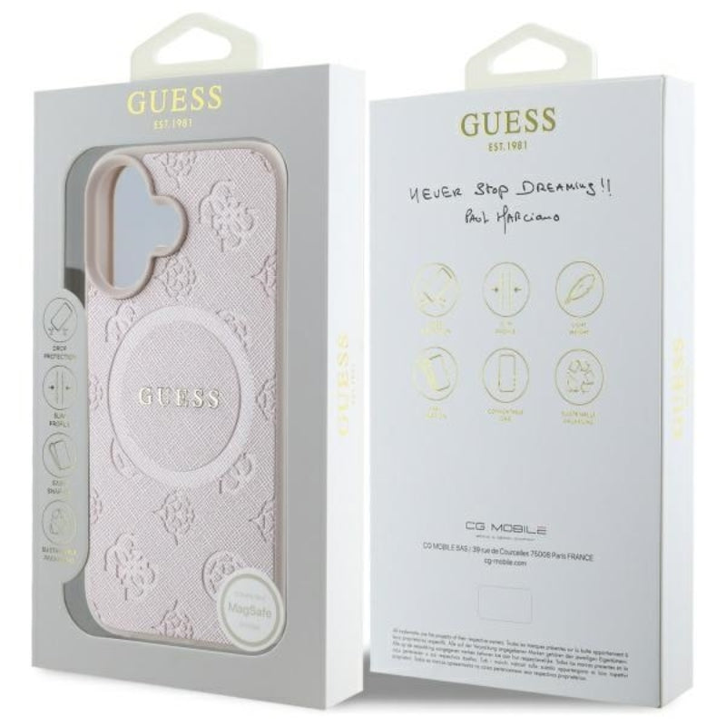 Guess Saffiano Peony Classic Logo MagSafe - Dėklas skirtas iPhone 16 (rožinis)