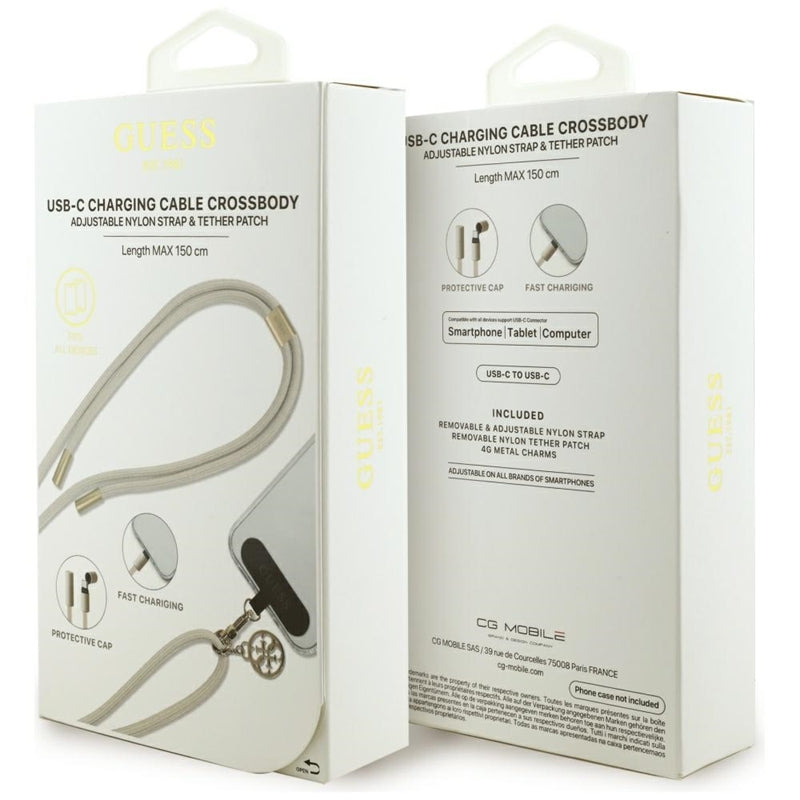 Guess Dirželis per petį 4G Charm - Universalus telefono dirželis / USB-C į USB-C kabelis 1.5m (Smėlio spalvos)