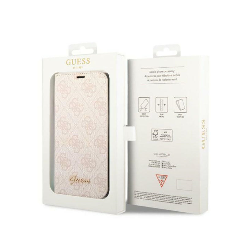 Guess 4G metalinis kameros apvado dėklas knygutė – dėklas skirtas iPhone 14 Pro (rožinis)