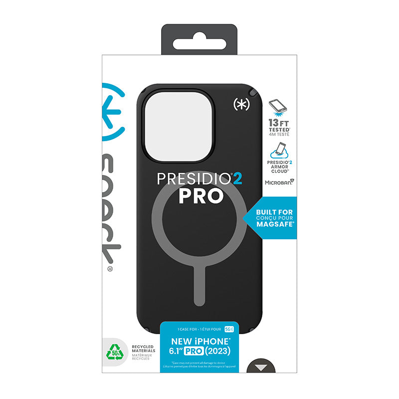 Speck Presidio2 Pro Magsafe dėklas – iPhone 15 Pro (juoda / skalūno pilka / balta)