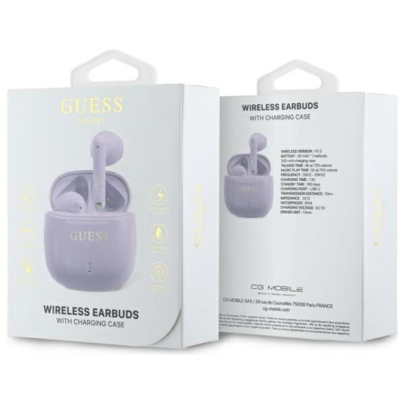 Guess Printed Classic Logo – „Bluetooth TWS“ ausinės + įkrovimo dėklas (violetinės)