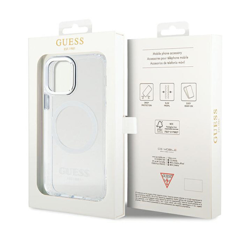 Guess Metal Outline MagSafe – dėklas, skirtas iPhone 12 / iPhone 12 Pro (skaidrus / sidabrinis)