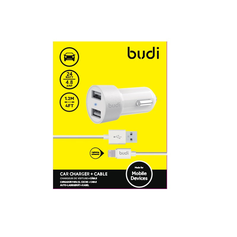Budi – 2 USB automobilinis įkroviklis su LED indikatoriumi + „Lightning“ laidas