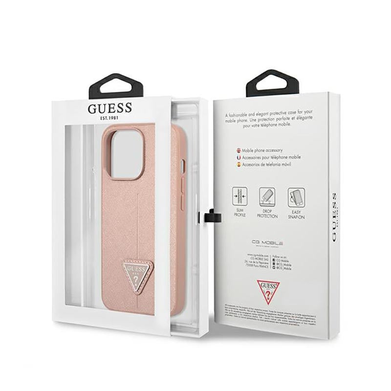Guess Saffiano Triangle Logo dėklas – dėklas skirtas iPhone 14 Pro (rožinės spalvos)