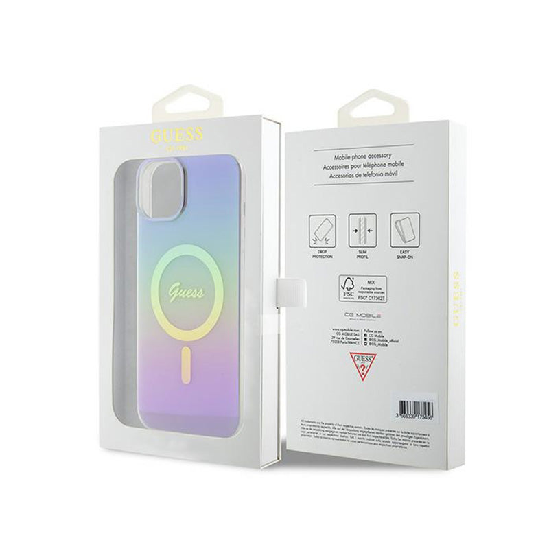 Guess IML Iridescent MagSafe – iPhone 15 Plus dėklas (violetinis)