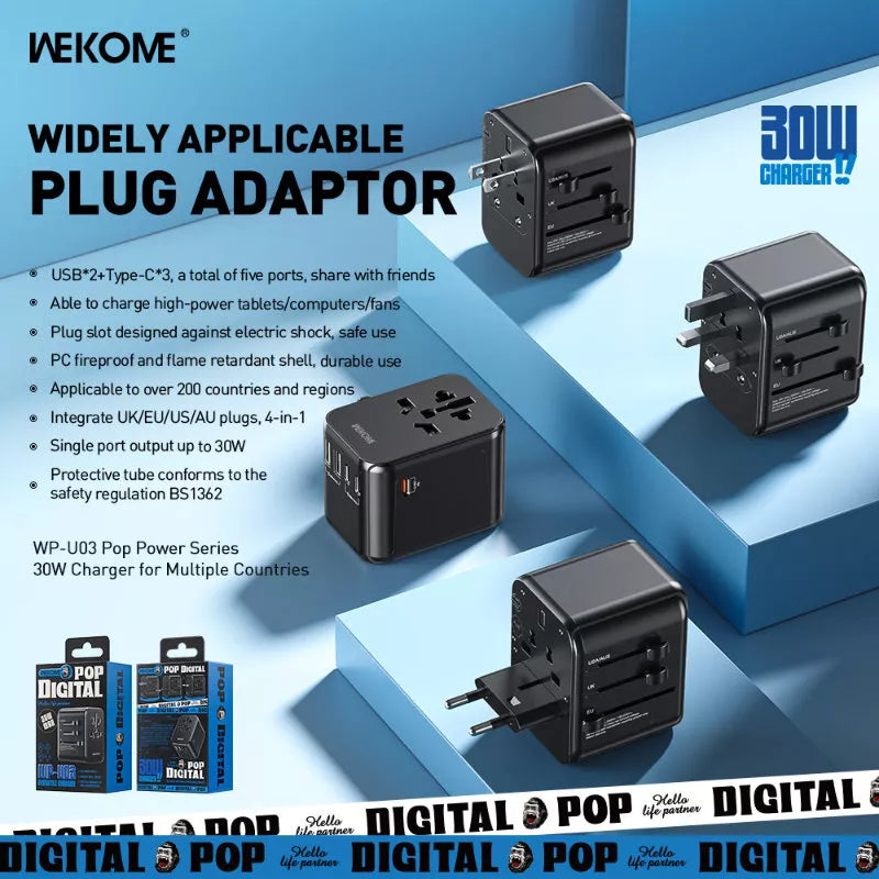 WEKOME WP-U03 Pop Digital Series - EU / UK / US / AU Įkroviklis / Kelioninis Adapteris + 3x USB-C ir 2x USB-A 30W (Juoda)