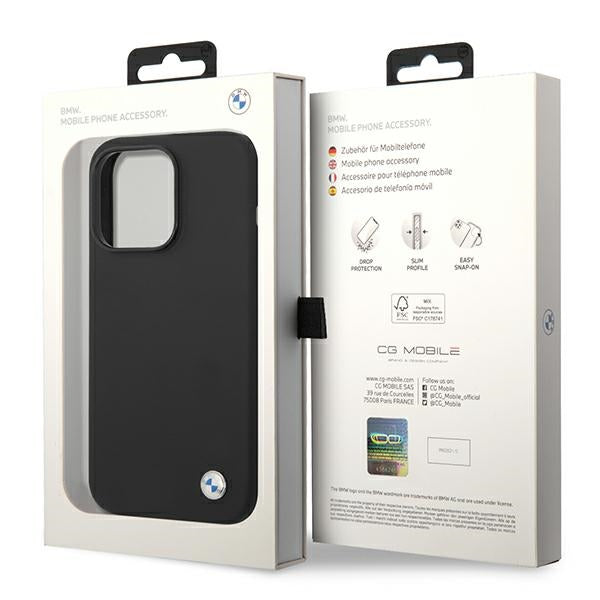 BMW skysto silikono dėklas su metaliniu logotipu, skirtas iPhone 14 Pro Max (Juoda)