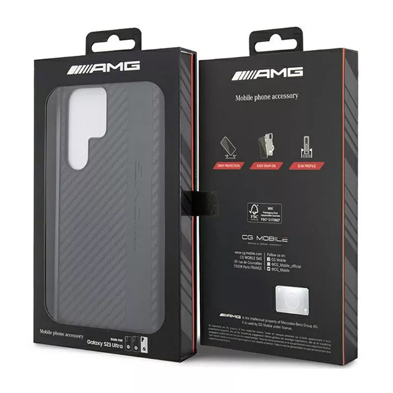 AMG Carbon Stripe & Embossed – Dėklas, skirtas „Samsung Galaxy S23 Ultra“ (juodas)