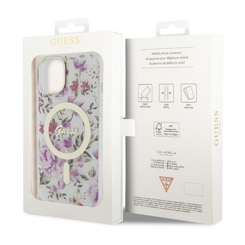 Guess Flower MagSafe – dėklas, skirtas iPhone 14 Plus (skaidrus)