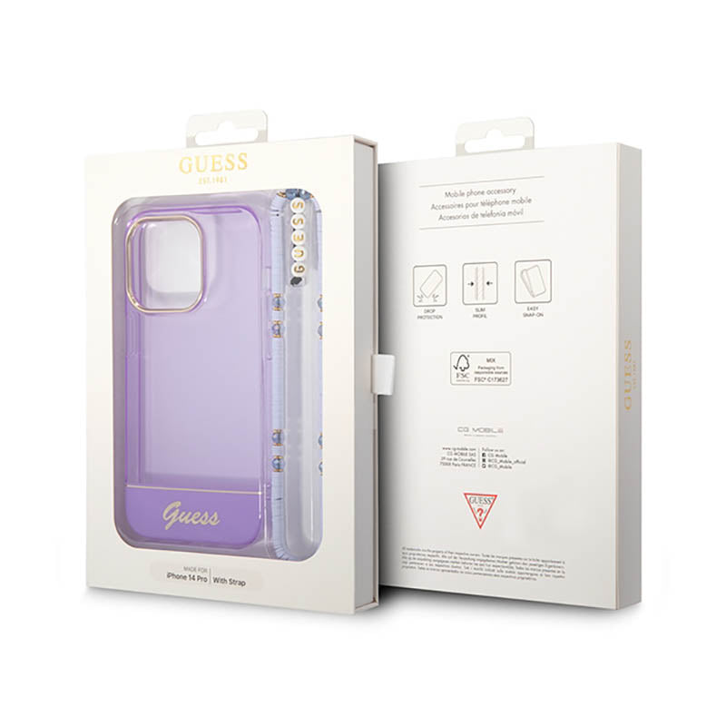 Guess „Translucent Pearl Strap“ – dėklas, skirtas „iPhone 14 Pro“ (violetinė spalva)