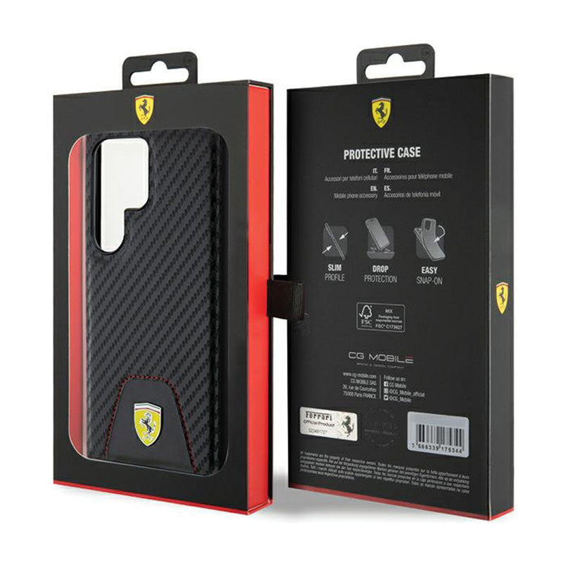 Ferrari Carbon Stitched Bottom – dėklas, skirtas Samsung Galaxy S24 Ultra (juodas)