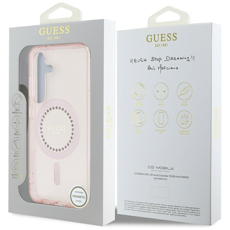 Guess Rhinestones Printed Classic Logo MagSafe – dėklas, skirtas „Samsung Galaxy S25“ (rožinė)