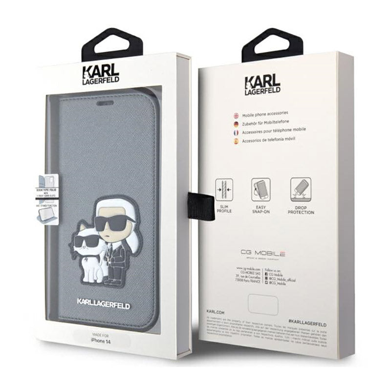 Karl Lagerfeld Knygos tipo NFT Saffiano Karl & Choupette – dėklas, skirtas iPhone 14 (Sidabrinis)