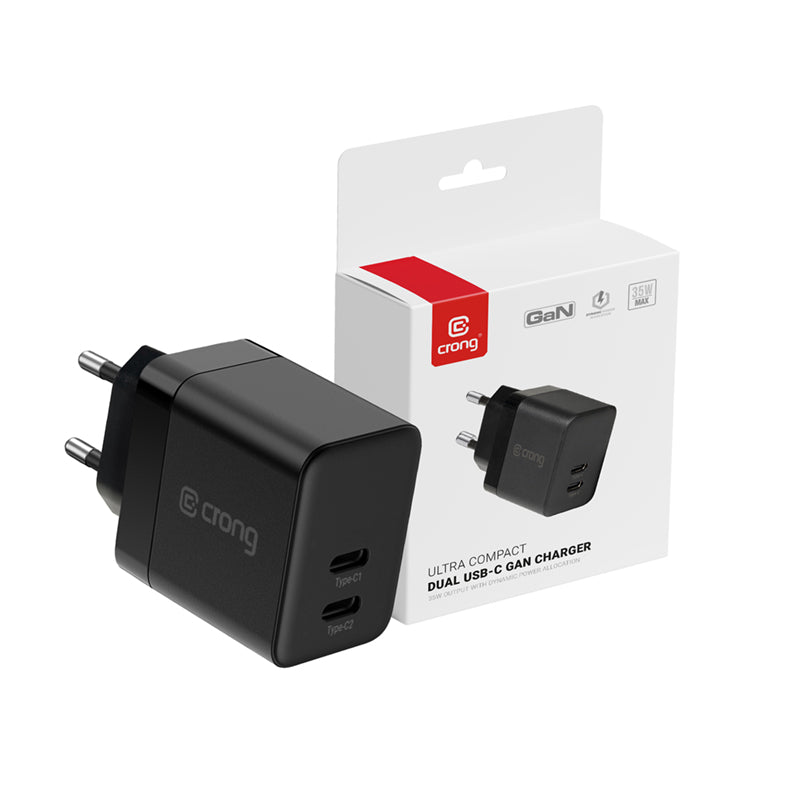 Crong Ultra Compact GaN - 2x USB-C 35W PD 3.0 sieninis įkroviklis su PPS (juodas)