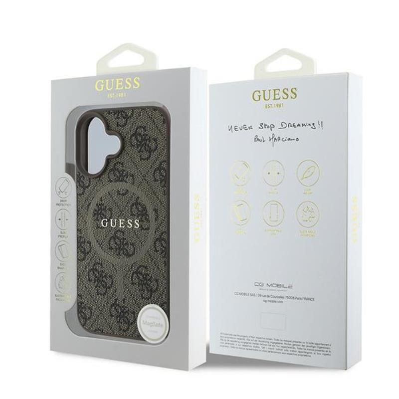 Guess 4G Ring Classic Logo MagSafe - dėklas, skirtas iPhone 16 Plus (rudas)