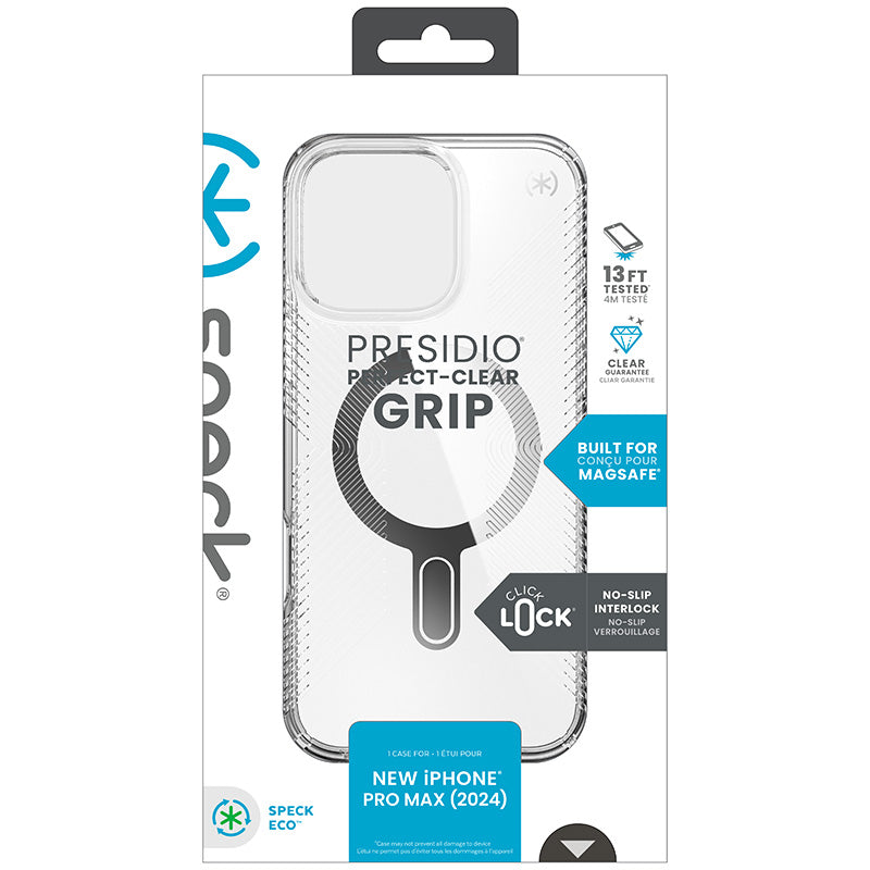 Speck Presidio Perfect-Clear Grip ClickLock ir MagSafe – iPhone 16 Pro Max dėklas (Skaidrus / Chromo apdaila / Serene Silver)
