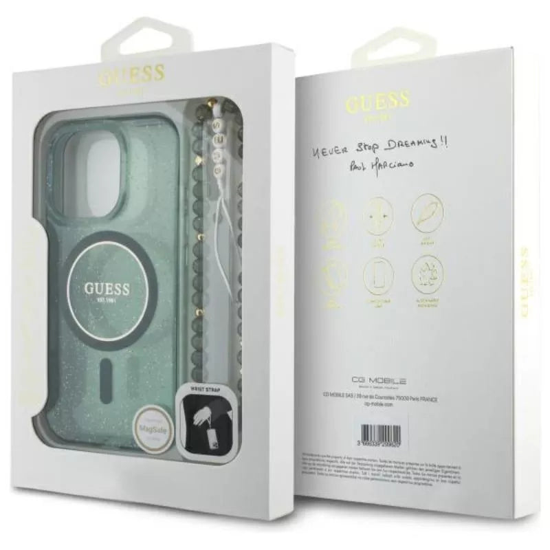 Guess IML blizgučiai su perlo dirželiu MagSafe – dėklas iPhone 16 Pro Max (žalia)