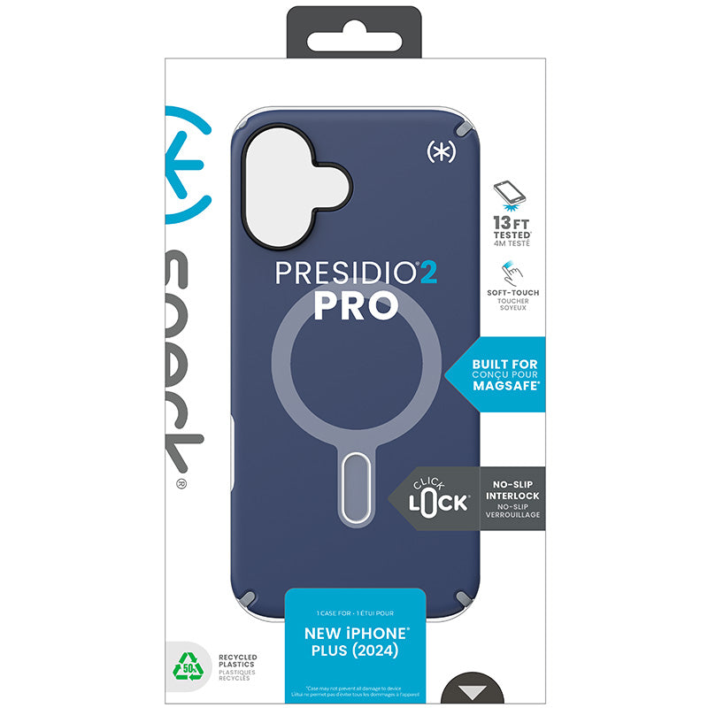 Speck Presidio2 Pro ClickLock ir MagSafe dėklas – iPhone 16 Plus dėklas (Coastal Blue / Dust Gray / White)