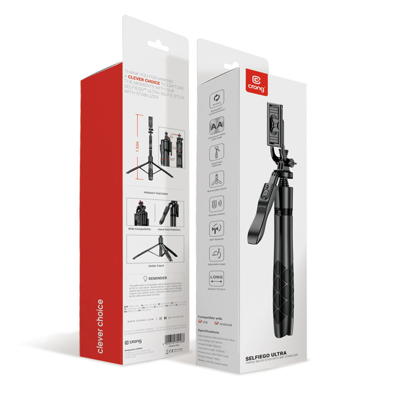 Crong SelfieGo Ultra – Aliuminio „Bluetooth“ selfie lazdelių trikojis (juodas)