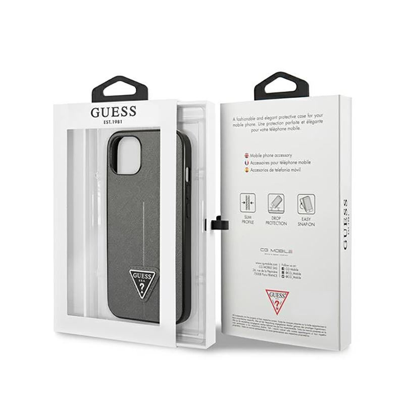 Guess Saffiano Triangle Logo dėklas – Dėklas iPhone 14 Plus (Sidabrinis)