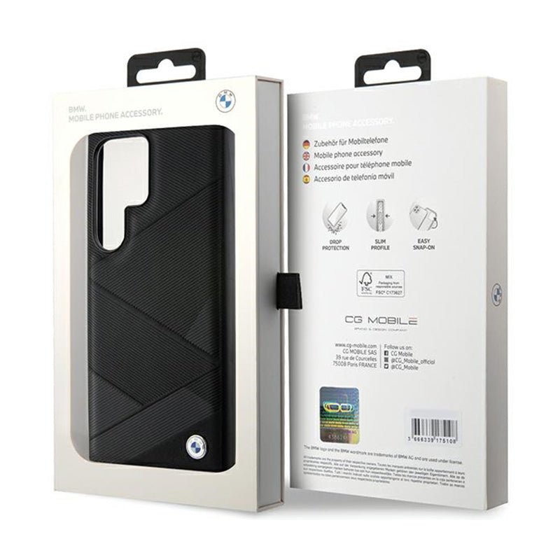 BMW Signature Leather Crossing Lines Pattern – dėklas, skirtas Samsung Galaxy S24 Ultra (juodas)