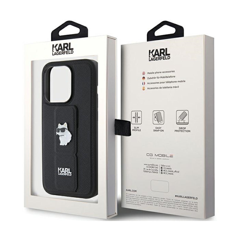 Karl Lagerfeld Gripstand Saffiano Choupette Pins – iPhone 15 Pro dėklas (juodas)