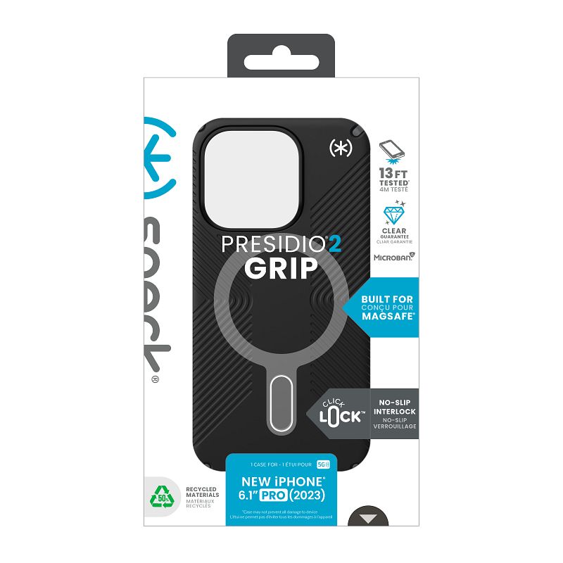 Speck Presidio2 Grip ClickLock & Magsafe – dėklas iPhone 15 Pro (juodas / plūdinės pilkos / baltos spalvos)