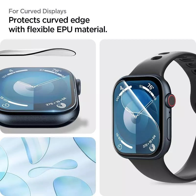 Spigen Elite Shield EZ Fit 2-Pack – hibridinis stiklo ekrano apsaugos rinkinys, skirtas Apple Watch 10 46 mm (skaidrus)