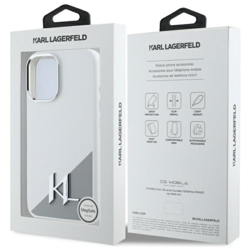 Karl Lagerfeld Silikoninis Šešėlis Metalinis Inicialas MagSafe – Dėklas skirtas iPhone 16 (baltas)