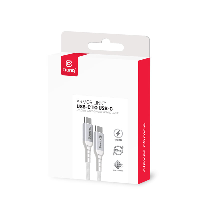 Crong Armor Link - 60W PD 3A USB-C į USB-C kabelis, 25cm (baltas)