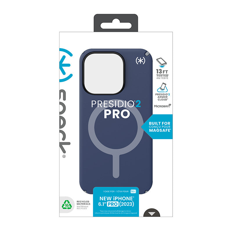 Speck Presidio2 Pro Magsafe dėklas – iPhone 15 Pro (Coastal Blue / Dust Gray / White)
