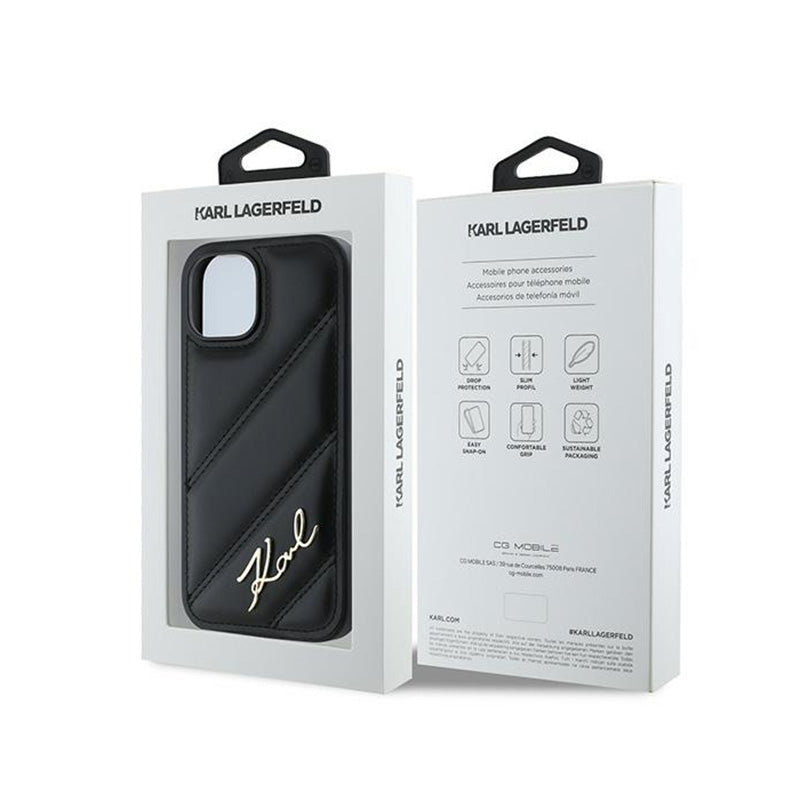 Karl Lagerfeld Diagonal Quilted Script – dėklas skirtas iPhone 15 / 14 / 13 (juodas)