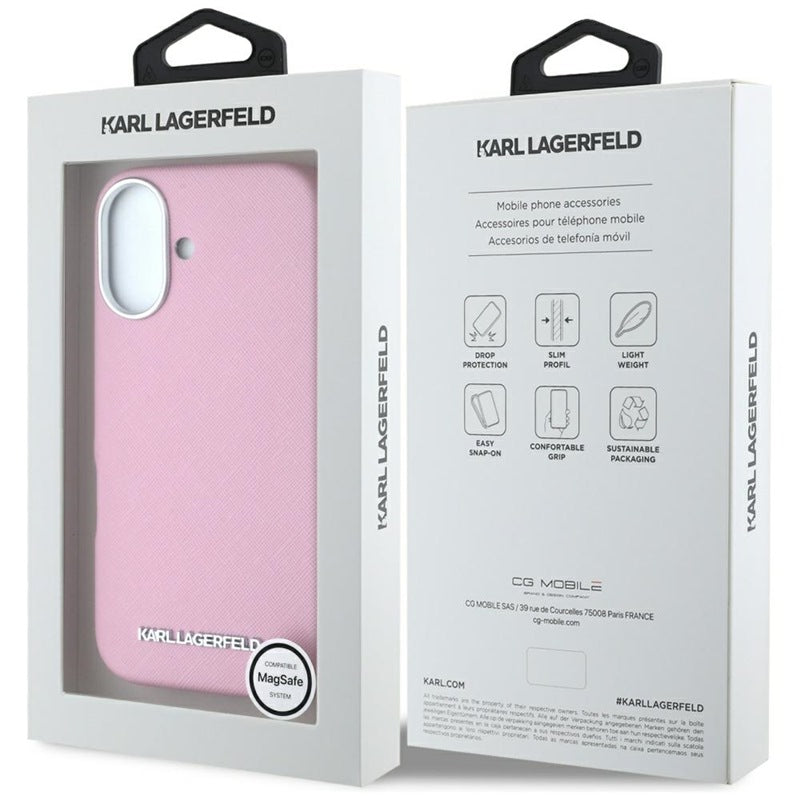 Karl Lagerfeld Saffiano Pilnai Apgaubtas Išilgintas Metalinis Logotipas MagSafe – Dėklas skirtas iPhone 16 (rožinis)