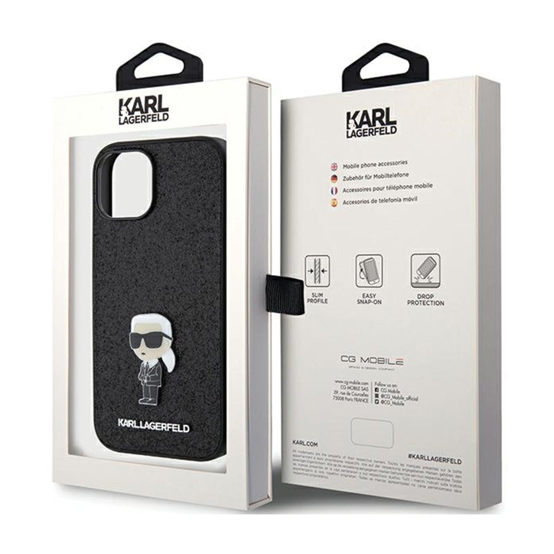 Karl Lagerfeld Dėklas su pritvirtinta metaline Ikonik sagė ir blizgučiais – iPhone 15 / 14 / 13 (juoda)