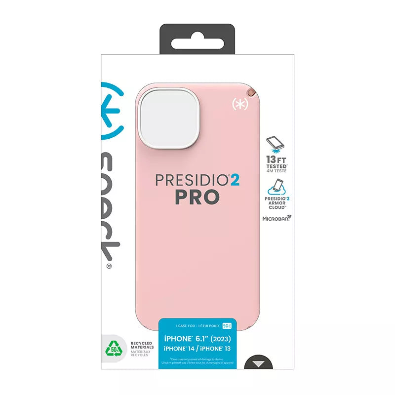 Speck Presidio2 Pro – Dėklas, skirtas iPhone 16e / iPhone 15 / iPhone 14 / iPhone 13 (Rožinė dahlia / Rožinio vario / Balta)