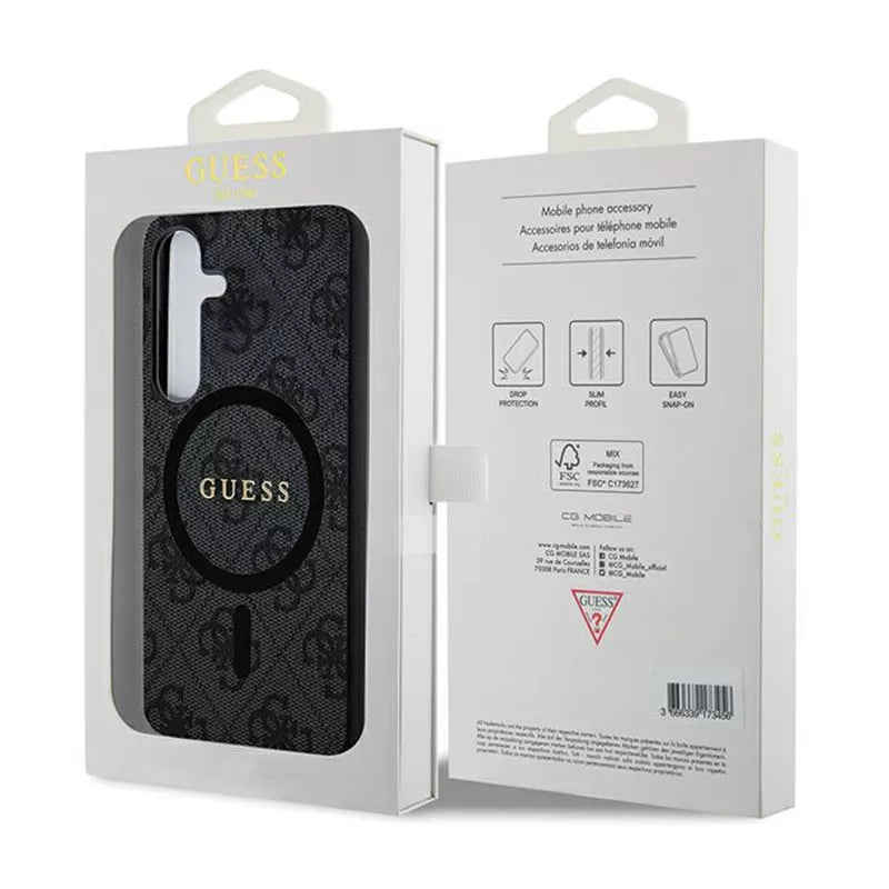 Guess 4G Collection Leather Metal Logo MagSafe - Dėklas, skirtas Samsung Galaxy S24 (juodas)