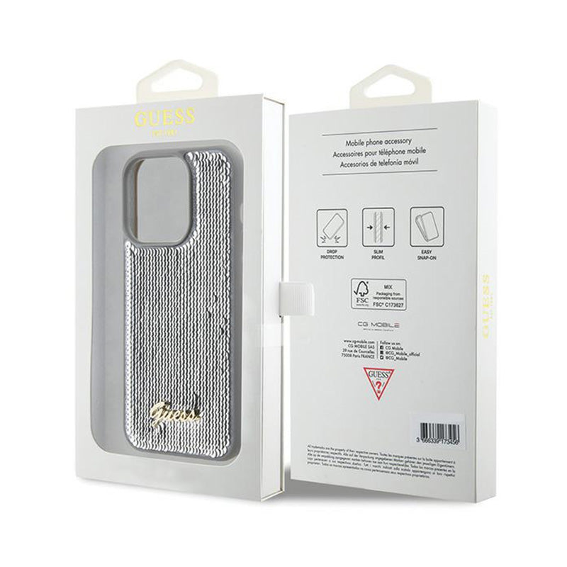 Guess Sequin Script Metal – dėklas, skirtas „iPhone 15 Pro Max“ (sidabro spalvos)