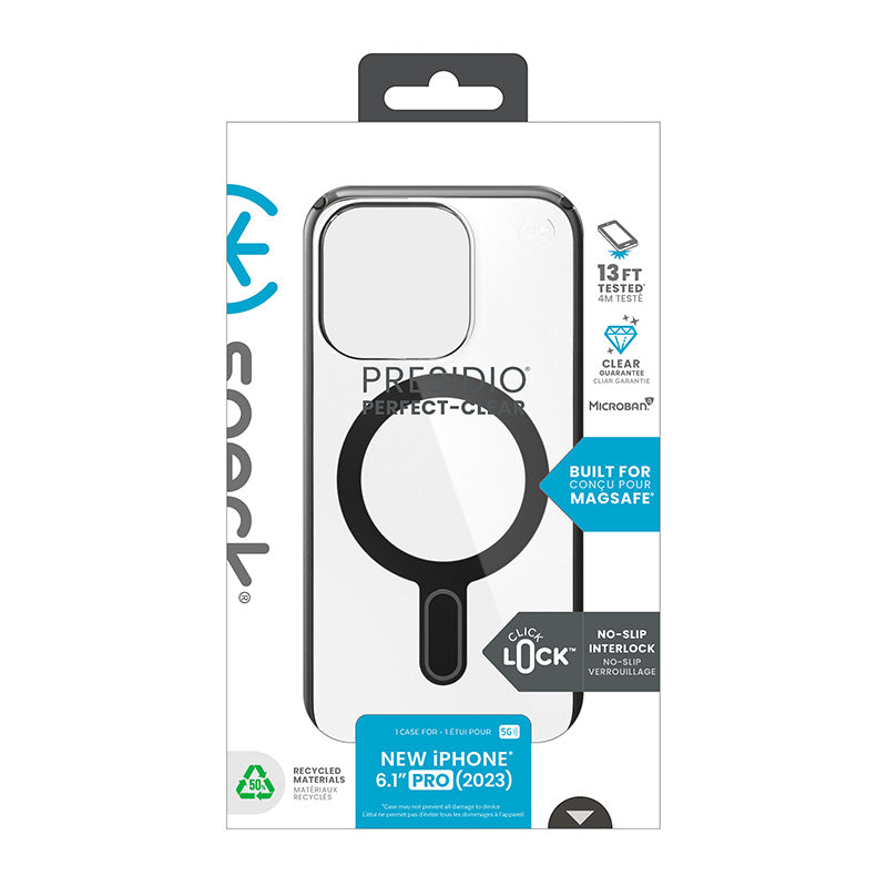 Speck Presidio Perfect-Clear ClickLock ir Magsafe – iPhone 15 Pro dėklas (Skaidrus / Matinis juodas / Lėtas pilkas)