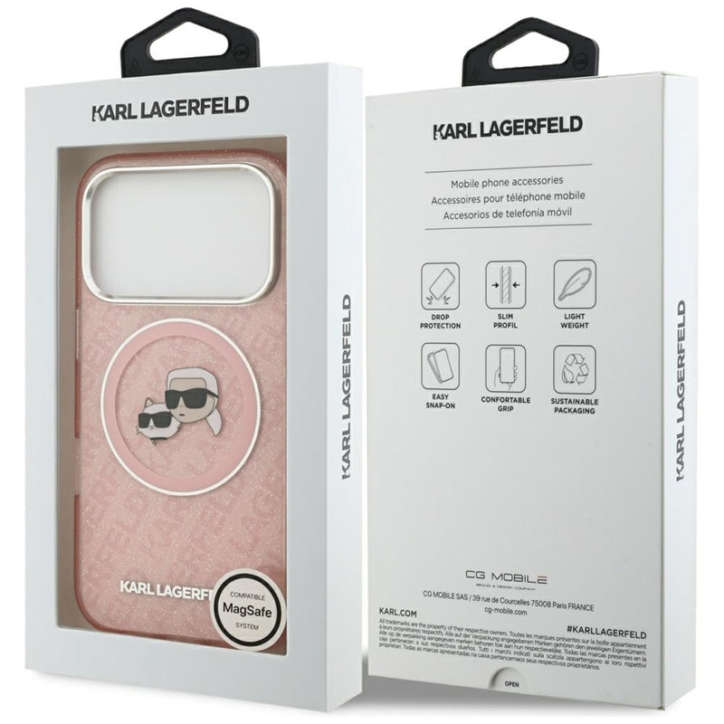Karl Lagerfeld IML blizgučiai su Karl & Choupette galvų logotipu, MagSafe dėklas iPhone 17 Pro (rožinis)