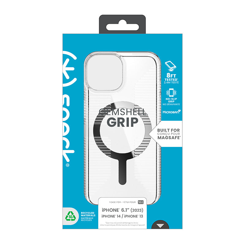 Speck Gemshell Grip + MagSafe - dėklas iPhone 17e / 16e / 15 / 14 / 13 (Skaidri / Chromo apdaila)