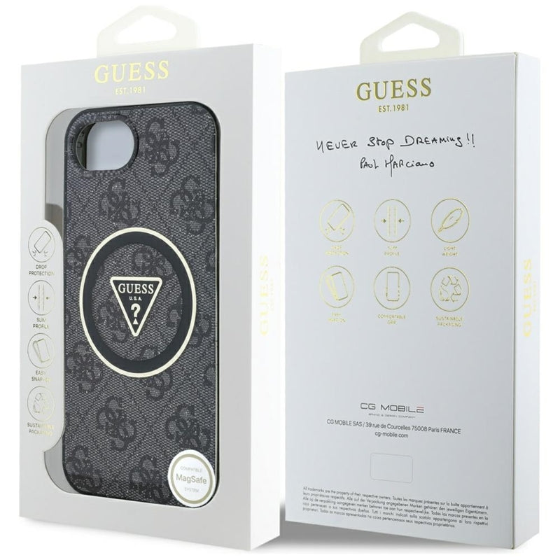 Guess IML Metal Glitter 4G Circle Triangle MagSafe – dėklas, skirtas iPhone 16e (juodas)