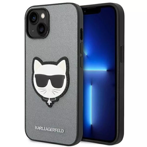 Karl Lagerfeld Saffiano Choupette Head Patch dėklas – dėklas, skirtas iPhone 14 (sidabrinis)