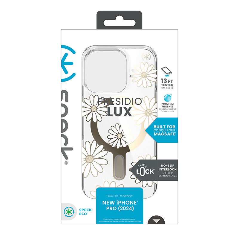 Speck Presidio Lux ClickLock ir MagSafe – Dėklas iPhone 16 Pro (Sunshine Daisies / Skaidrus / Auksas)
