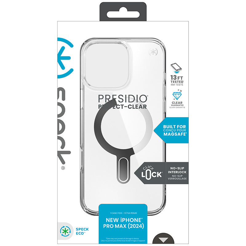 Speck Presidio Perfect-Clear ClickLock & MagSafe – dėklas iPhone 16 Pro Max (Skaidrus / Chromo apdaila / Serene Silver)